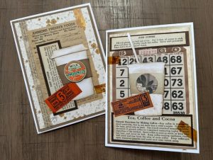 Two collaged greeting cards made with vintage ephemera