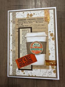 A collaged greeting card with vintage ephemera