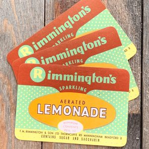 3 Vintage British Rimmington’s Lemonade labels in bright, bold colors, lime green, yellow and brown