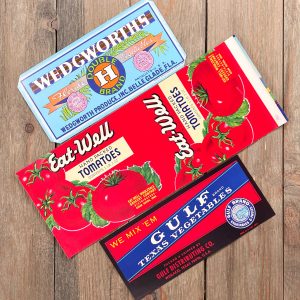 Three large vintage vegetable labels