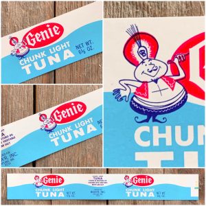 A collage of photos of a vintage Genie Tuna can label featuring an illustration of a genie