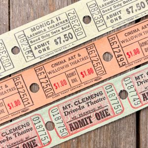 3 Rows of vintage movie theatre tickets in shades of light green and orange