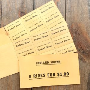 3 Vintage yellow ticket pamphlets for Funland Shows carnival rides - “9 rides for $1.00”