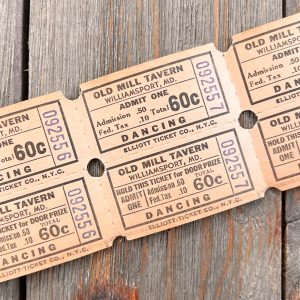 A strip of vintage beige double-tickets for Dancing at Old Mill Tavern