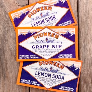 3 Different vintage indigo, orange and white Pioneer soda labels featuring an illustration of an old horse-drawn carriage and mountains