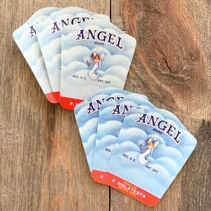6 Assorted vintage Angel stock food labels featuring an angel in the clouds