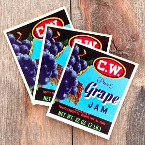 3 Vintage CW Grape Jam labels featuring an illustration of purple grapes on a blue background