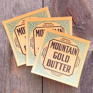 3 Vintage yellow, green, and black Mountain Gold Butter labels