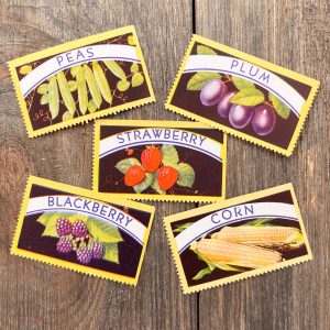 5 Different full-color vintage canning labels with illustrations of the fruits and vegetables