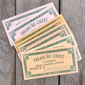 8 Vintage Treasure Chest Profit-sharing coupons in varying shades of orange, peach, and pink - all with green text/borders