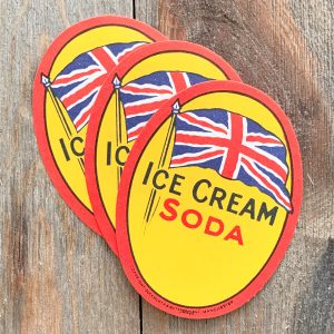 3 Vintage oval shaped Ice Cream Soda labels by Duckworth & Co, each featuring a Union Jack British flag on a bright yellow background