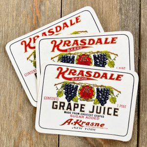 3 Vintage white Krasdale Grape Juice labels featuring beautiful illustrated grapes, gold accents, and script & bold text