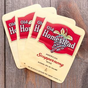4 Vintage textured light yellow and red Scuppernong wine labels featuring an illustration of a bunch of grapes