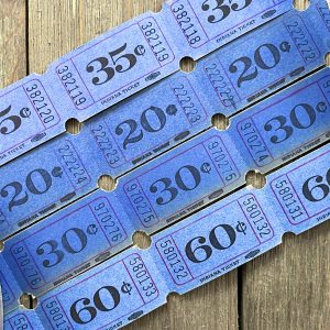 Four rows of vintage dark blue carnival tickets