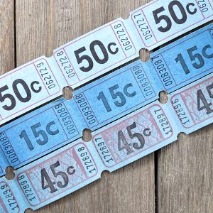 Three rows of vintage aqua blue carnival tickets
