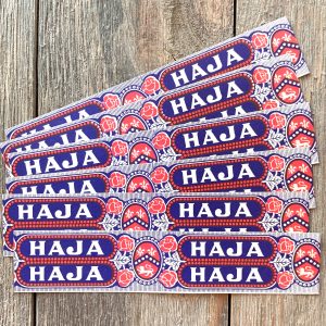 Six red, white and blue vintage Haja cigar box label strips with rose illustrations
